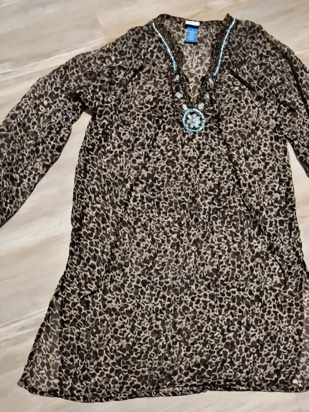 Leopard Print Long Sleeve Tunic Dress with Beaded V-Neck